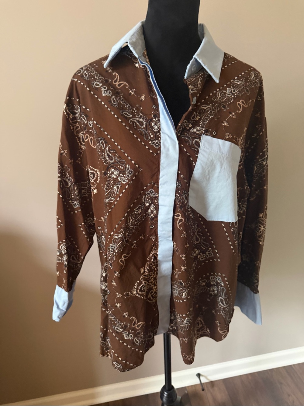 Made in Italy Brown Bandana Print Button Shirt with Contrast Light Blue Trim OS